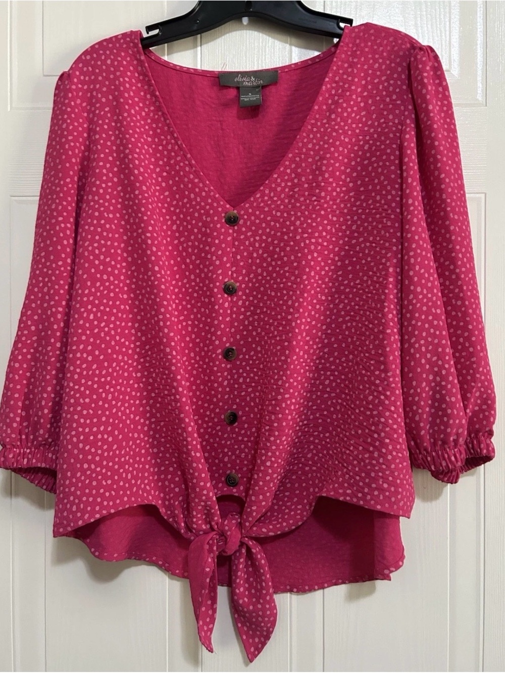 Olivia & Martin Magenta Dot Tie-Front V-Neck Blouse